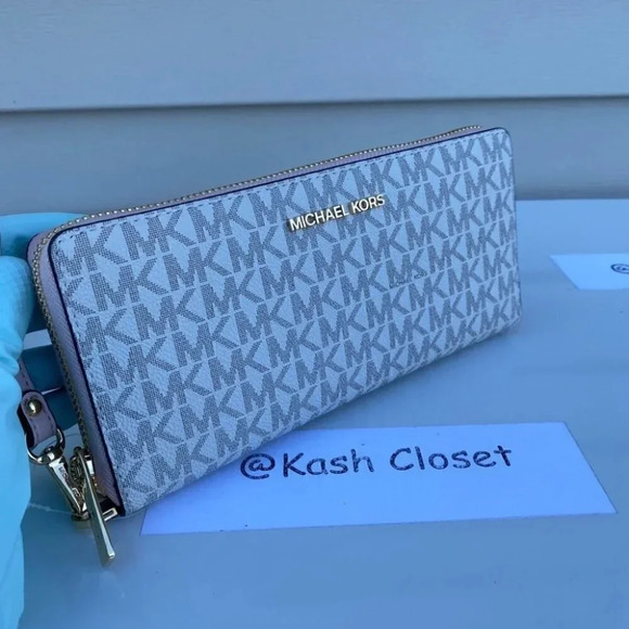 Michael Kors Travel Continental Wristlet Large MK Signature Powder Blush Multi - Picture 1 of 6